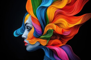 This captivating work features flowing strands of vivid color that resemble a dynamic hairstyle, symbolizing freedom and artistic flair. The intricate design is both striking and imaginative.