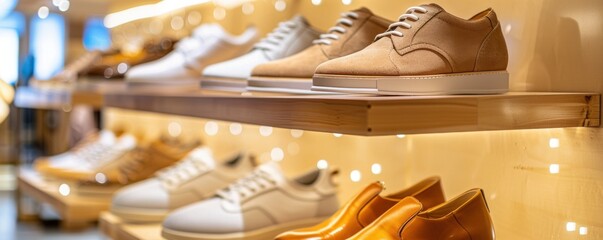 shoe display in a retail store featuring elegant sneakers and dress shoes