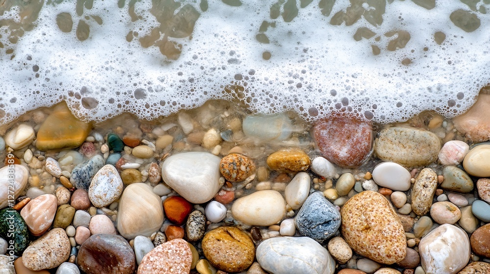 Poster colorful pebble beach with gentle waves creating sea foam : generative ai