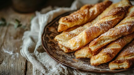 Homemade Rustic Fried Dough Sticks on Wooden Table with Cloth