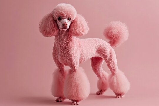 Adorable pink poodle in a stylishly groomed look.  Soft pastel pink tones against a matching background.