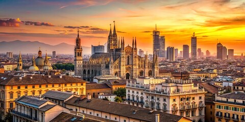 Fototapeta premium Milan Skyline Panoramic View: Italy's Architectural Gem at Dusk
