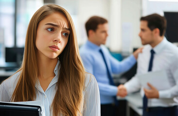 Obraz premium A Businesswoman's Serious Concern Amidst Office Conflict and Coworker Discussion