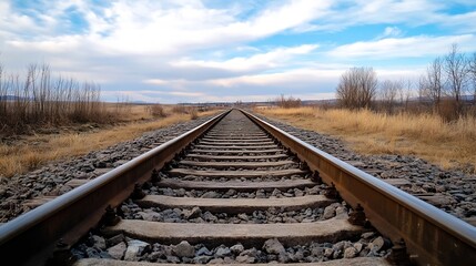 Fototapeta premium Scenic view of railway tracks stretching into the distance under the blue sky : Generative AI