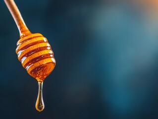 Close-up of honey dripping from a wooden dipper against a blurred background