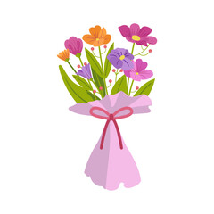 Beautiful flower bouquets in wrapping and blooming plant. Florist illustration on white background