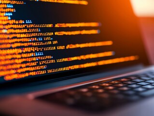Close-up of laptop screen displaying vibrant code in warm lighting