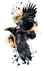 Fototapeta premium Majestic Black Raven Flying with Artistic Color Splashes