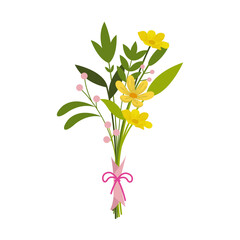 Beautiful illustration flower bouquets in wrapping and blooming plant. Hand drawn decorative florist shop item on white background