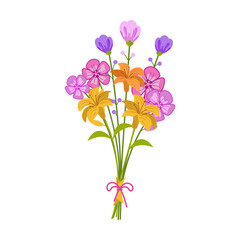 Beautiful illustration flower bouquets in wrapping and blooming plant. Decorative florist shop item on white background
