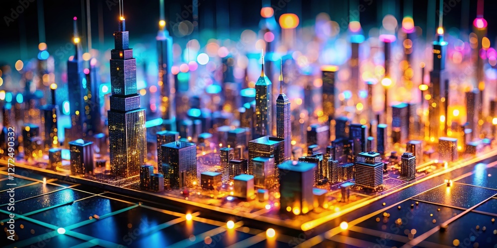 Poster miniature cityscape: digital device displaying data streams
