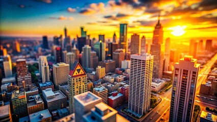 Fototapeta premium Miniature Cityscape: Financial District with Warning Sign - Tilt-Shift Photography