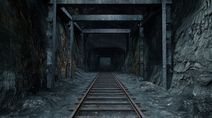 Expansive Coal Mining Operation in Dark Underground Tunnel with Steel Tracks