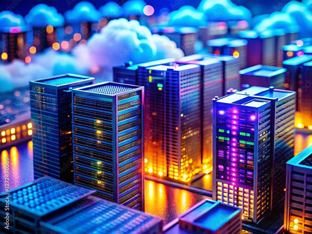 Poster miniature cloud computing network: abstract tilt-shift background