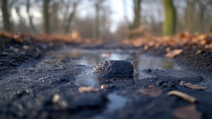 Fototapeta premium Muddy path with a rock in a puddle. Autumn leaves and blurred trees in the background.