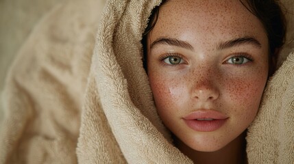 Natural Beauty: Close-up of Freckled Young Woman Wrapped in Towel