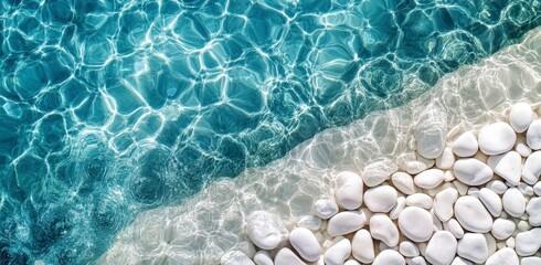 Serene Water Surface with Clear Blue Waves and White Pebble Beach