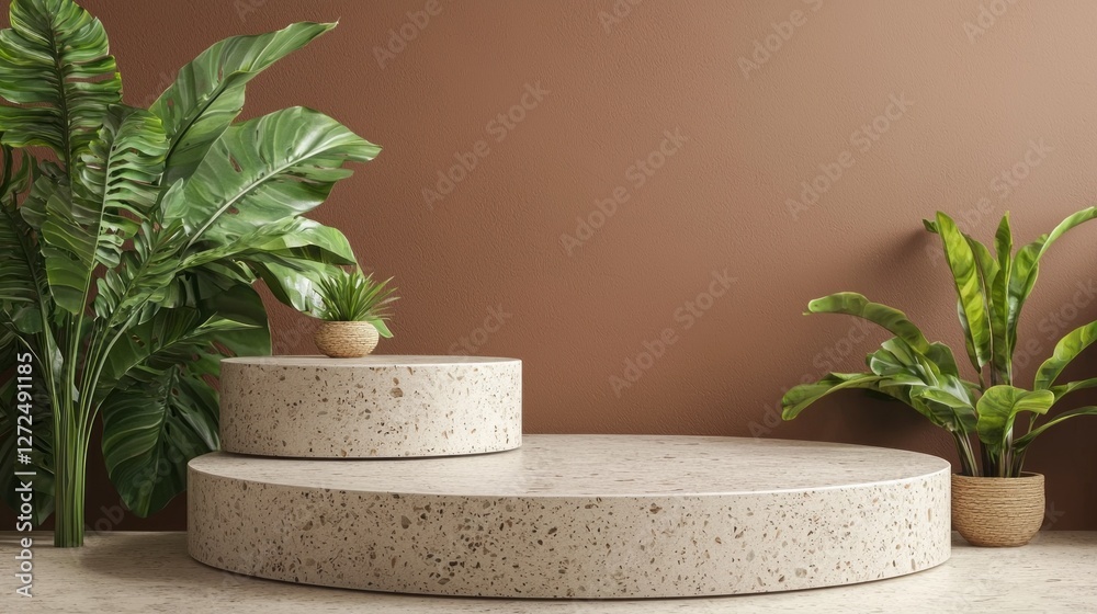Aufkleber a refined stone podium sits on a smooth surface amidst lush greenery, creating a serene atmosphere i