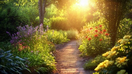 Serene Garden Path at Sunrise with Gentle Light and Colorful Flowers