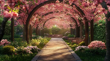 Obraz premium Serene Garden Pathway Leading to Tranquil Seating Area Under Blooming Trees