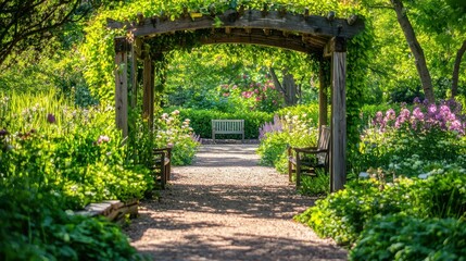 Fototapeta premium Serene Garden Path Leading to Tranquil Seating Area Surrounded by Nature