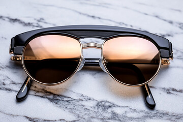 Stylish black sunglasses with gradient lenses resting on a marble surface at sunset