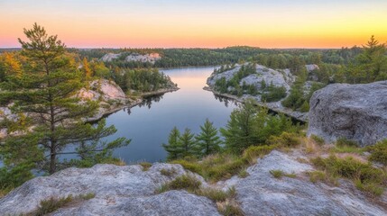 Obraz premium Serene Sunset Over Rocky Lake And Forest