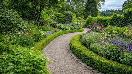 Serene Winding Path Through a Lush Garden Filled with Colorful Blooms