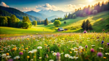 Fototapeta premium Miniature Green Landscape, Tilt-Shift Photography, Idyllic Nature Scene, Spring Meadow