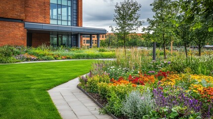Fototapeta premium Serene Hospital Garden with Lush Green Lawns and Colorful Flowers