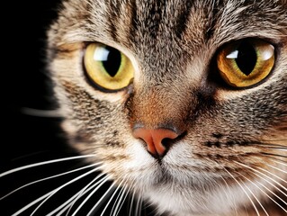 Close-up portrait of a cat with striking green eyes against a dark background