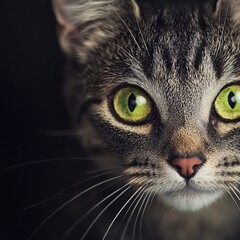 Close-up portrait of a curious tabby cat with striking green eyes against a dark background