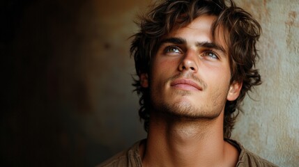 Obraz premium Contemplative Young Man with Brown Hair and Blue Eyes Looking Upward