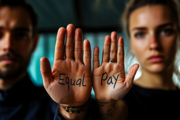 Equal Pay A Fight for Gender Equality and Workplace Justice. Images of hands with 'Equal Pay' written on them represent the ongoing struggle for fair compensation, equal opportunities for all genders