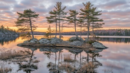 Obraz premium Sunset Serenity Island Pines Reflecting Calm Waters