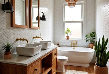 Fototapeta premium Serene Boho Chic Bathroom: White Tiles, Wood Floor, Wooden Vanity, Swan-Shaped Basins, Golden Faucet, Warm Window Light, Herringbone Tile Wall, Plants - Home Decor