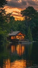 Fototapeta premium Serene Lakeside Cabin Illuminated by Warm Golden Sunset Glow