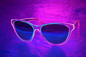Stylish retro sunglasses illuminated by vibrant purple and blue lights showcasing modern design