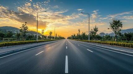 Serene Sunset Landscape with Open Road and Lush Greenery