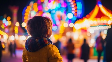 Obraz premium Toddler gazing at carnival lights; night fair fun