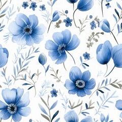 Seamless watercolor floral pattern with blue Anemones and leaves on white background. Fabric wallpaper print texture.