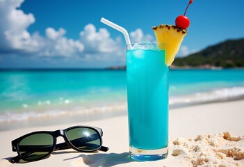 Obraz premium Summer Beach Vibes: Blue Lagoon Cocktail with Pineapple & Cherry, Flip-Flops & Sunglasses on Sand - Vacation, Tropical Drink, Relaxation, Beach Paradise