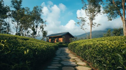 Obraz premium Serene Tea Plantation House Scenic Pathway