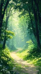 Obraz premium Serene Nature Scene of a Quiet Path in a Lush Green Forest