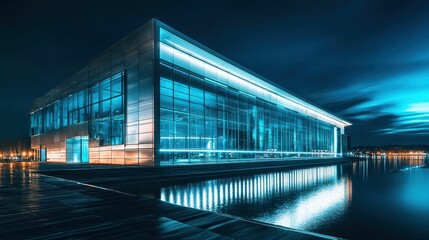 Obraz premium Serene Night Scene of Modern Building Illuminated by Soft Lights