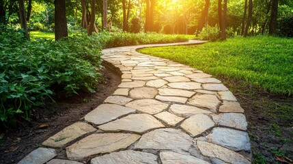 Serene Outdoor Scene with Curved Stone Pathway at Sunset Glow