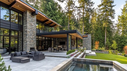 Serene Outdoor Scene with Stone-Clad House and Pool Retreat