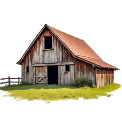 Obraz premium Old Wooden Barn on Grassy Field, Isolated on White Background.
