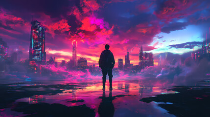 Fototapeta premium Anime man standing against the apocalypse world, colorful anime style. Mystical Neon Landscapes. Illustration