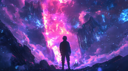 Fototapeta premium Anime man standing against the apocalypse world, colorful anime style. Mystical Neon Landscapes. Illustration